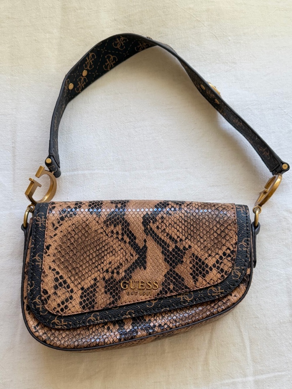 Guess Brown & Black Snake-Print Shoulder Bag with Gold Hardware